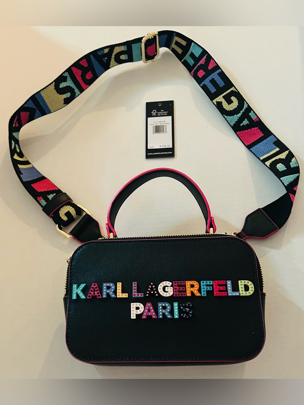 New Karl Largerfeld Paris Black Stud Logo Crossbody/Top Handle Bag made Vietnam